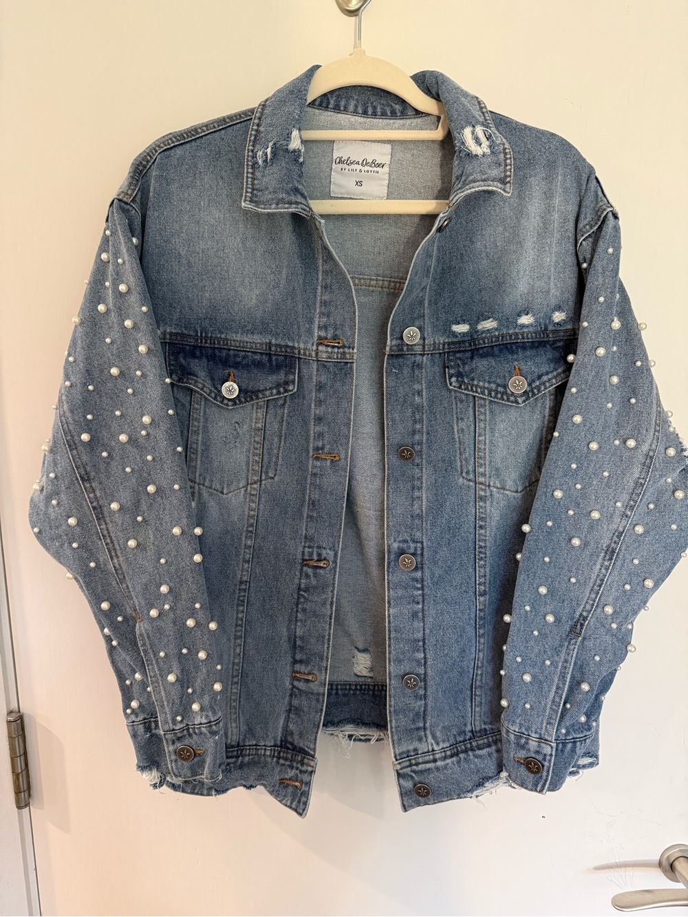 Over-sized Pearl-Trim, Distressed Light Blue Denim Jacket - Women